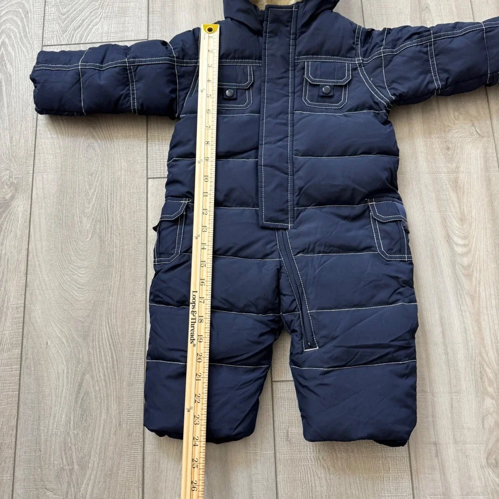 BabyGap Puffer Snowsuit Baby 6-12 Months Navy Blue Faux Fur Hood Down Fill